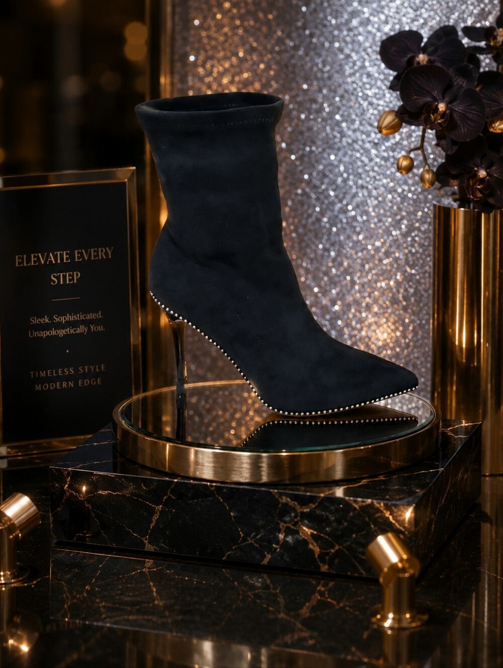 Kayleen By Los Angeles Elegant Suede Black Stiletto Ankle Boots with Gold Studs
